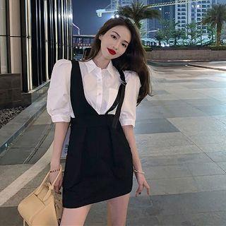 Puff-sleeve Blouse / Mini Suspender Skirt