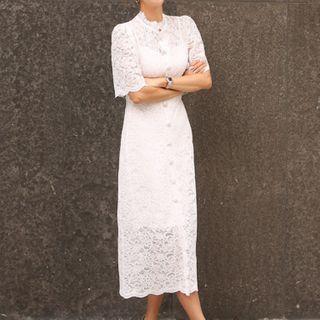 Short-sleeve Lace Button Midi Sheath Dress
