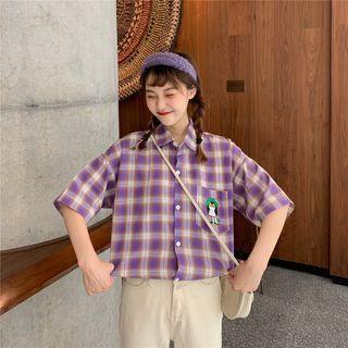 Short-sleeve Plaid Owl Embroidered Shirt