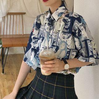 Elbow-sleeve Comic Print Shirt Blue - One Size