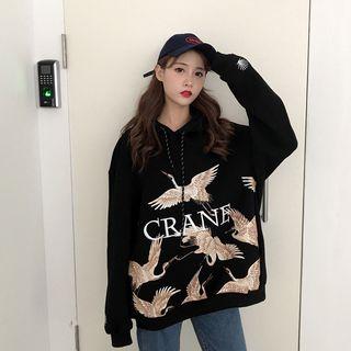 Crane Print Hoodie Black - One Size