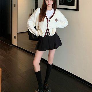 V-neck Embroider Button-up Cardigan / High-waist Pleated A-line Mini Skirt