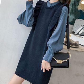 Set: Puff-sleeve Blouse + Knit Pinafore Dress