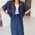 Set: Short-sleeve Denim Shirt + Midi Pencil Skirt Blue - One Size