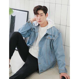Detachable-hood Washed Denim Jacket Light Blue - One Size