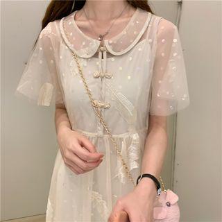 Elbow-sleeve Mesh A-line Dress Almond - One Size