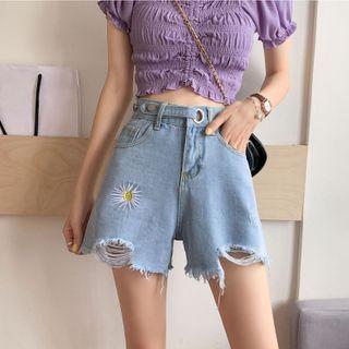 Daisy Embroidered Frayed Denim Shorts