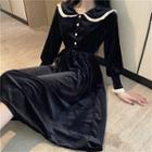 Lace Trim Puff-sleeve Velvet Midi A-line Dress