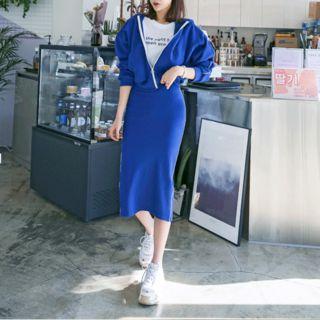 Set: Contrast-trim Zip Hoodie + Midi H-line Skirt