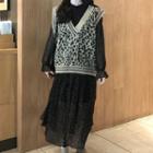 Long-sleeve Polka Dot Midi Dress / Leopard Print Knit Vest