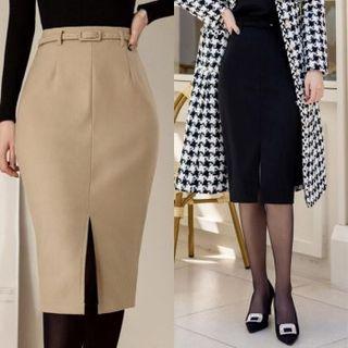 Belted Slit-front Midi Pencil Skirt