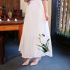 Floral Embrodery A-line Midi Skirt White - One Size