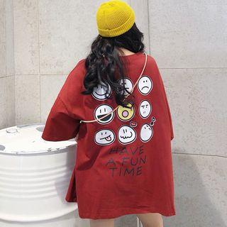 Elbow-sleeve Emoji Print T-shirt