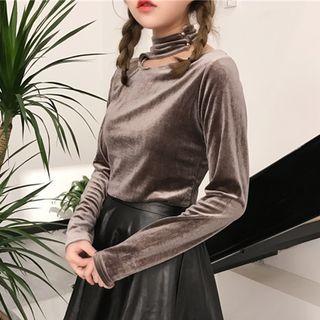 Cut Out Front Mock Neck Long Sleeve Velvet T-shirt