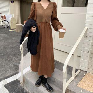 Long-sleeve V-neck Panel Midi Dress Caramel - One Size