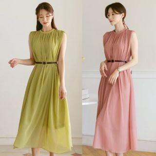 Sleeveless Shirred Chiffon Dress With Belt