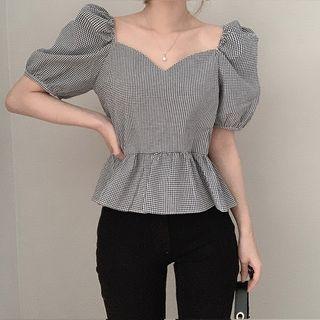 V Neck Puff Short Sleeve Gingham Top