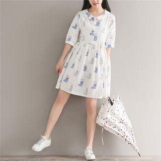 Cat Print Elbow-sleeve A-line Shirt Dress