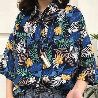 Elbow-sleeve Tropical Patterned Shirt As Shown In Figure - One Size