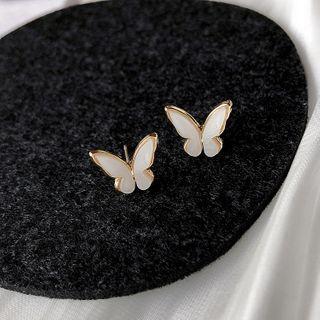 Butterfly Stud Earring 1 Pair - White & Gold - One Size