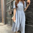 Plain Short-sleeve Midi A-line Dress Sky Blue - One Size