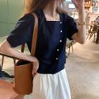 Square-neck Side Button Short-sleeve Blouse
