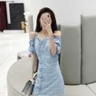 Plaid V-neck Off-shoulder Double-breasted Dress
