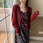 Set : V-neck Sweater Jacket + Floral Spaghetti-strap Dress