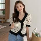 Short-sleeve Dotted Frill Trim Blouse Black Dotted - White - One Size