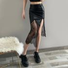 Lace-panel Faux Leather Midi Pencil Skirt