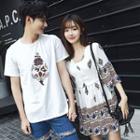 Couple Matching Print Short-sleeve T-shirt / Elbow-sleeve Chiffon Dress