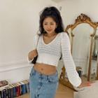 V-neck Perforated Knit Crop Top