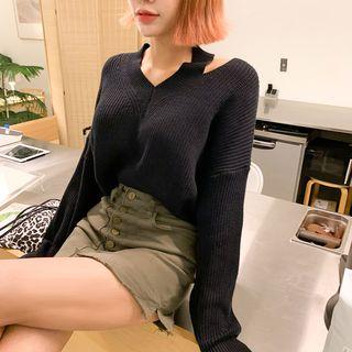 Slit-neckline Cropped Oversized Sweater