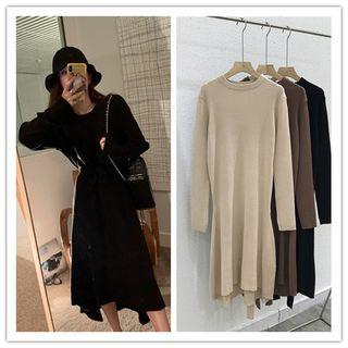 Ribbed Tie-wist Midi A-line Knit Dress