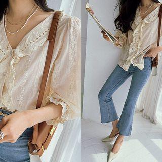 Balloon-sleeve Ruffled Lace Blouse Light Beige - One Size
