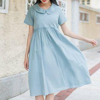 Plain Short-sleeve Collared A-line Dress