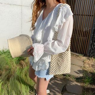 V-neck Ruffled Blouse Ivory - One Size