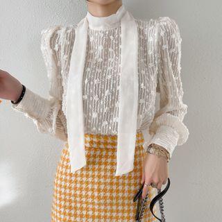 Puff-sleeve Scarf-neck Textured Blouse