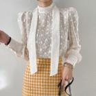 Puff-sleeve Scarf-neck Textured Blouse