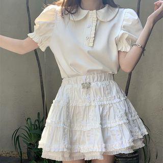 Puff-sleeve Ruffled Polo Shirt / A-line Lace Skirt