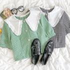 Short-sleeve Houndstooth Peter Pan Collar Cropped Top