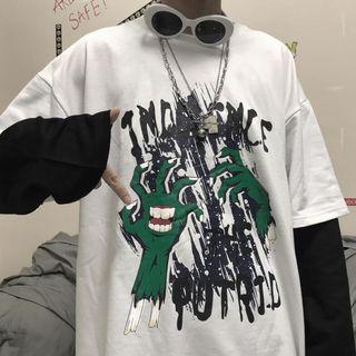 Long-sleeve Mock Two-piece Hand-print T-shirt