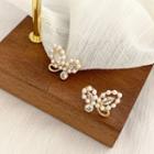 Butterfly Faux Pearl Rhinestone Earring 1 Pair - Gold & White - One Size