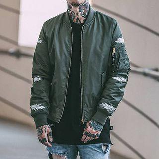 Feather Print Embroidered Zip Bomber Jacket