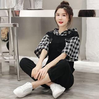 Hooded Short-sleeve Plaid Shirt / Denim Dungaree / Set