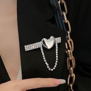 Rhinestone Heart Brooch 1pc - Silver - One Size