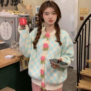 Round Neck Checkerboard Flower Button Cardigan