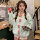 Round Neck Checkerboard Flower Button Cardigan