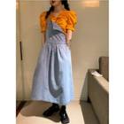 Puff-sleeve Frilled Blouse / Denim Overall Dress