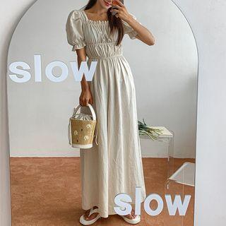 Puff-sleeve Shirred Linen Blend Jumpsuit